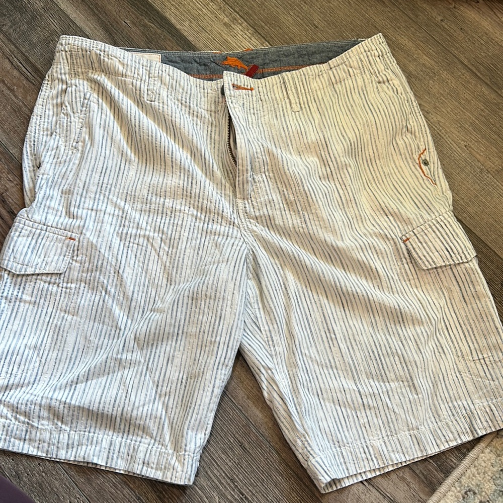 Tommy Bahama Mens Cargo Short Stripe Blue Flat Front Lyocell Blend Size 35